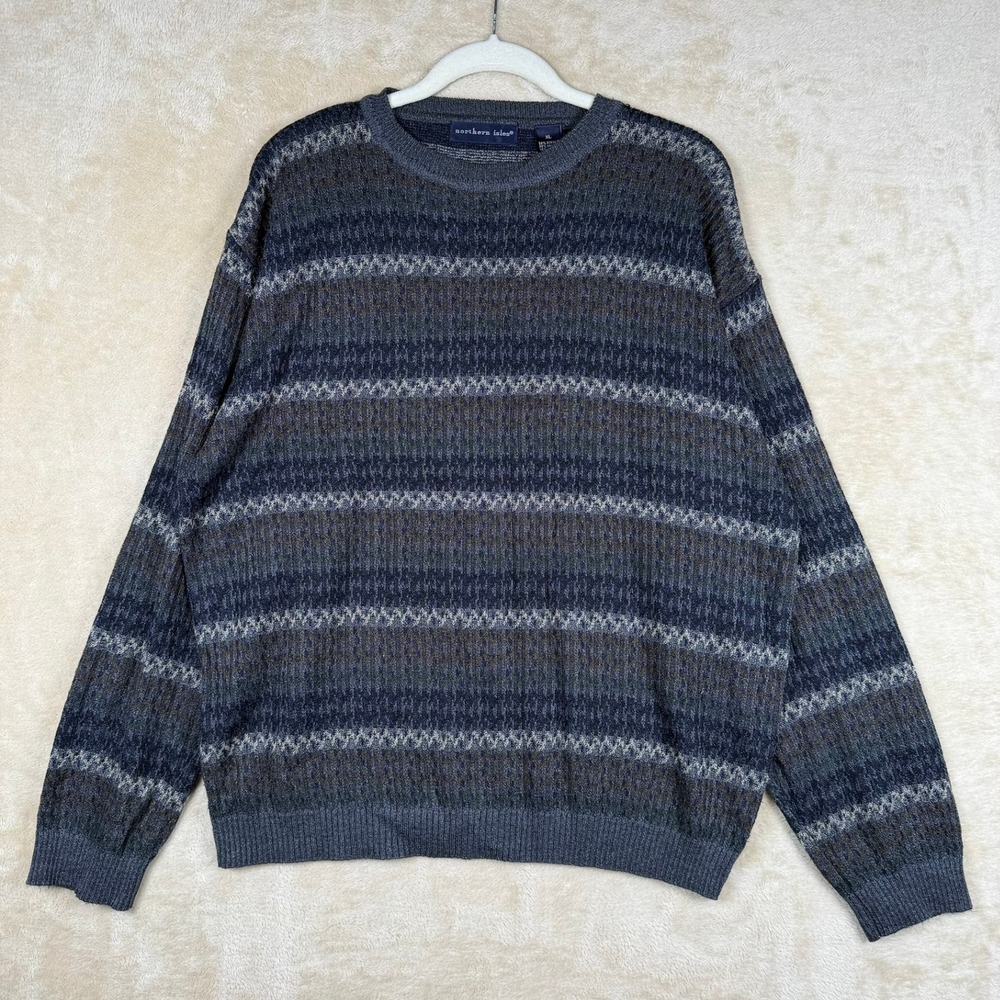 Northern Isles Mens‎ Crewneck Sweater XL Blue/Grey Stripe Long Sleeve Knit